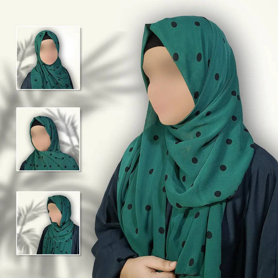 Emerald Green Georgette Staller with Black Polka Dots; Lightweight, Breathable & Bold