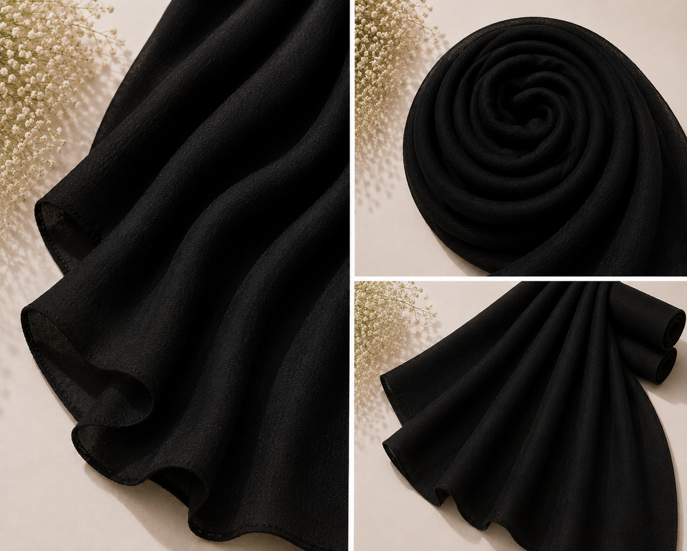 RidaZe black georgette chiffon hijab scarf — lightweight and breathable 72x29 inch plain black staller for women and girls in Pakistan