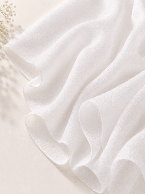 1. White georgette chiffon hijab draped softly — RidaZe 2. Lightweight white chiffon staller for daily and bridal wear — RidaZe 3. Close-up texture of white georgette hijab fabric — RidaZe Pakistan