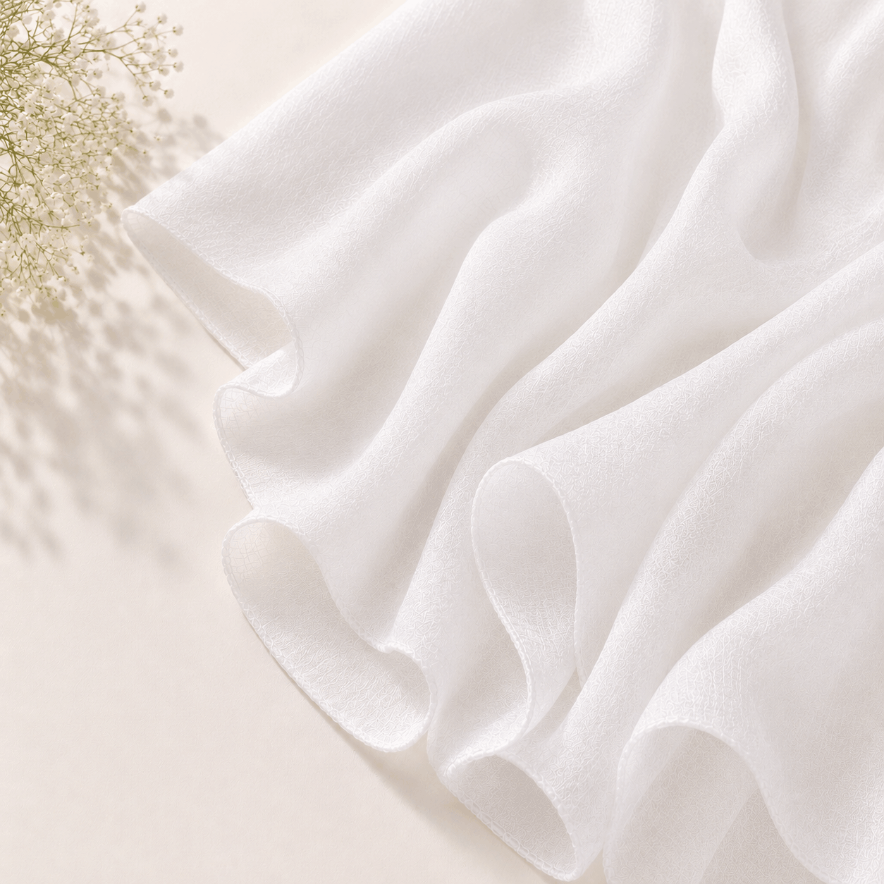 1. White georgette chiffon hijab draped softly — RidaZe 2. Lightweight white chiffon staller for daily and bridal wear — RidaZe 3. Close-up texture of white georgette hijab fabric — RidaZe Pakistan