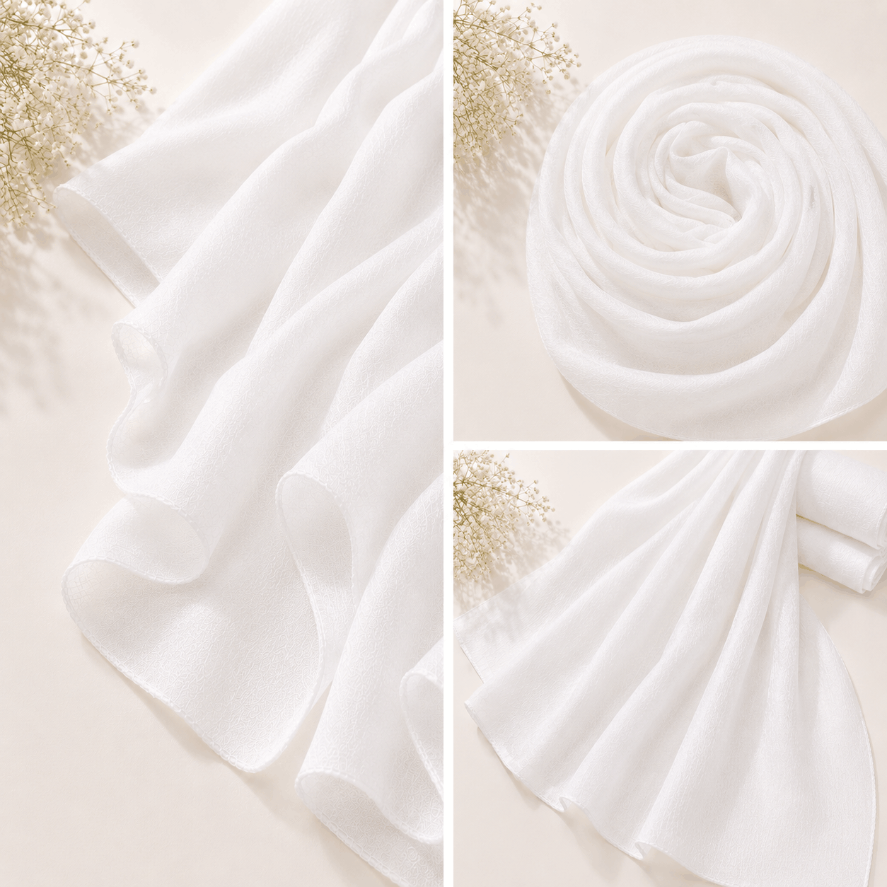 1. White georgette chiffon hijab draped softly — RidaZe 2. Lightweight white chiffon staller for daily and bridal wear — RidaZe 3. Close-up texture of white georgette hijab fabric — RidaZe Pakistan