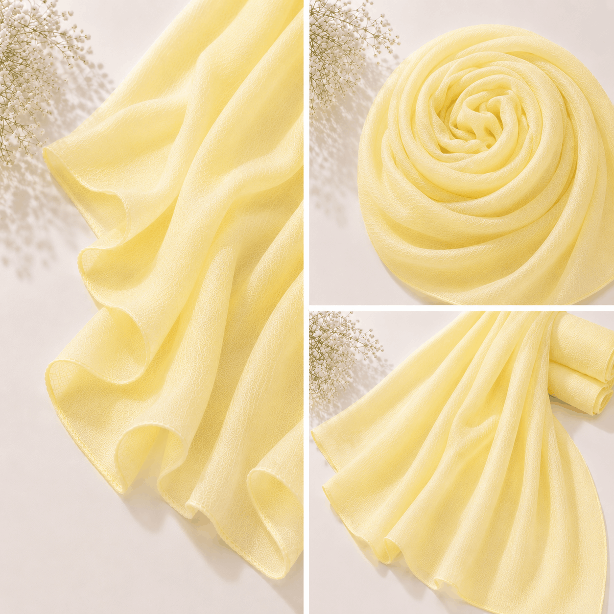 1. Butter yellow georgette chiffon hijab draped softly — RidaZe 2. Pastel yellow lightweight chiffon staller for Eid and daily wear — RidaZe 3. Close-up texture of butter yellow georgette hijab fabric — RidaZe Pakistan
