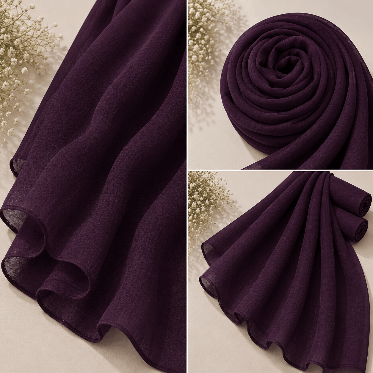 1. Plum purple georgette chiffon hijab draped elegantly — RidaZe 2. Deep purple lightweight chiffon staller for formal and winter wear — RidaZe 3. Close-up texture of plum aubergine georgette hijab fabric — RidaZe Pakistan