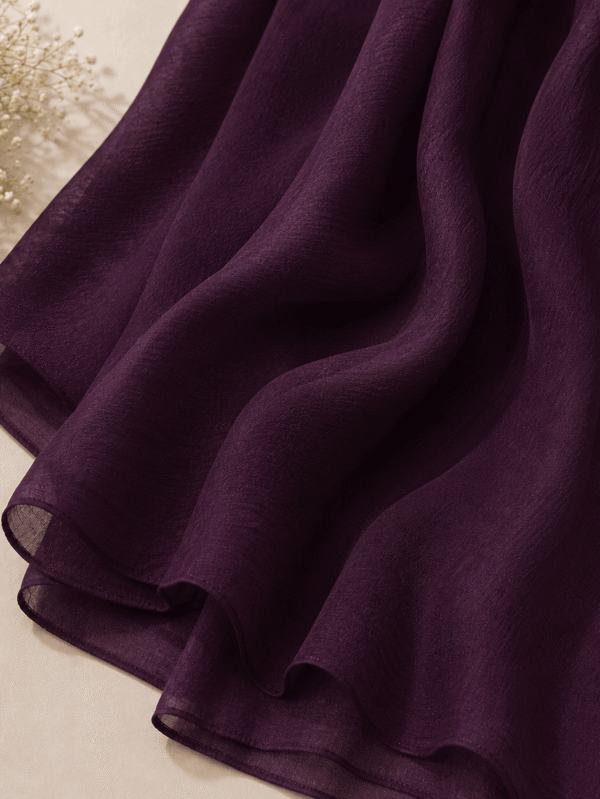 1. Plum purple georgette chiffon hijab draped elegantly — RidaZe 2. Deep purple lightweight chiffon staller for formal and winter wear — RidaZe 3. Close-up texture of plum aubergine georgette hijab fabric — RidaZe Pakistan