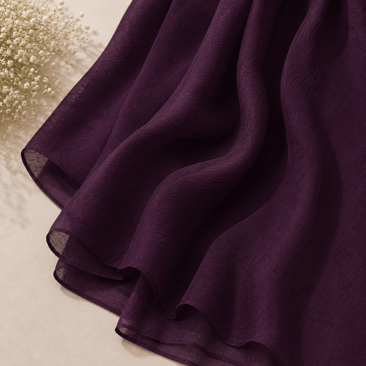 1. Plum purple georgette chiffon hijab draped elegantly — RidaZe 2. Deep purple lightweight chiffon staller for formal and winter wear — RidaZe 3. Close-up texture of plum aubergine georgette hijab fabric — RidaZe Pakistan