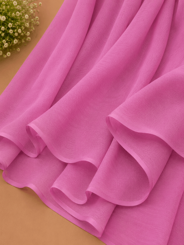 Fuchsia pink georgette chiffon hijab draped boldly — RidaZe 2. Hot pink lightweight chiffon staller for mehndi and Eid — RidaZe 3. Close-up texture of fuchsia magenta georgette hijab fabric — RidaZe Pakistan