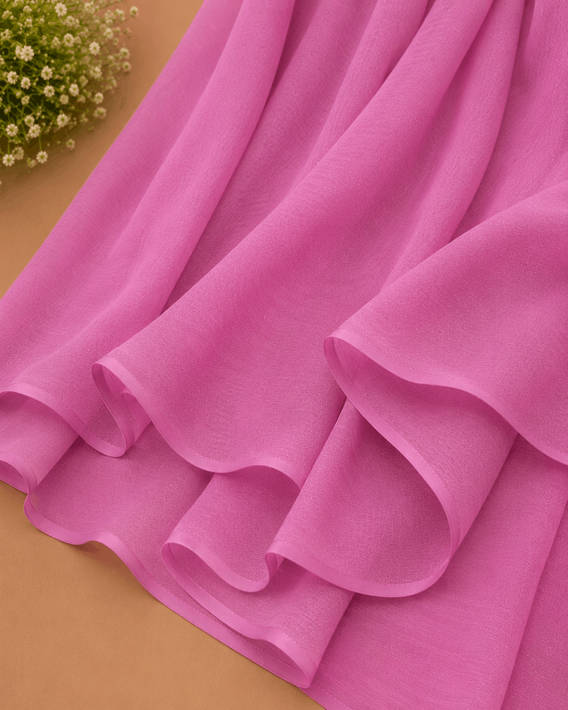 Fuchsia pink georgette chiffon hijab draped boldly — RidaZe 2. Hot pink lightweight chiffon staller for mehndi and Eid — RidaZe 3. Close-up texture of fuchsia magenta georgette hijab fabric — RidaZe Pakistan