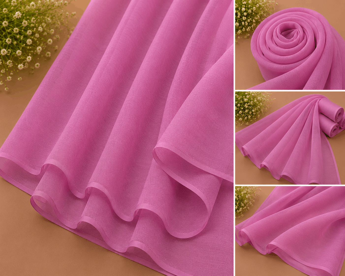 Fuchsia pink georgette chiffon hijab draped boldly — RidaZe 2. Hot pink lightweight chiffon staller for mehndi and Eid — RidaZe 3. Close-up texture of fuchsia magenta georgette hijab fabric — RidaZe Pakistan