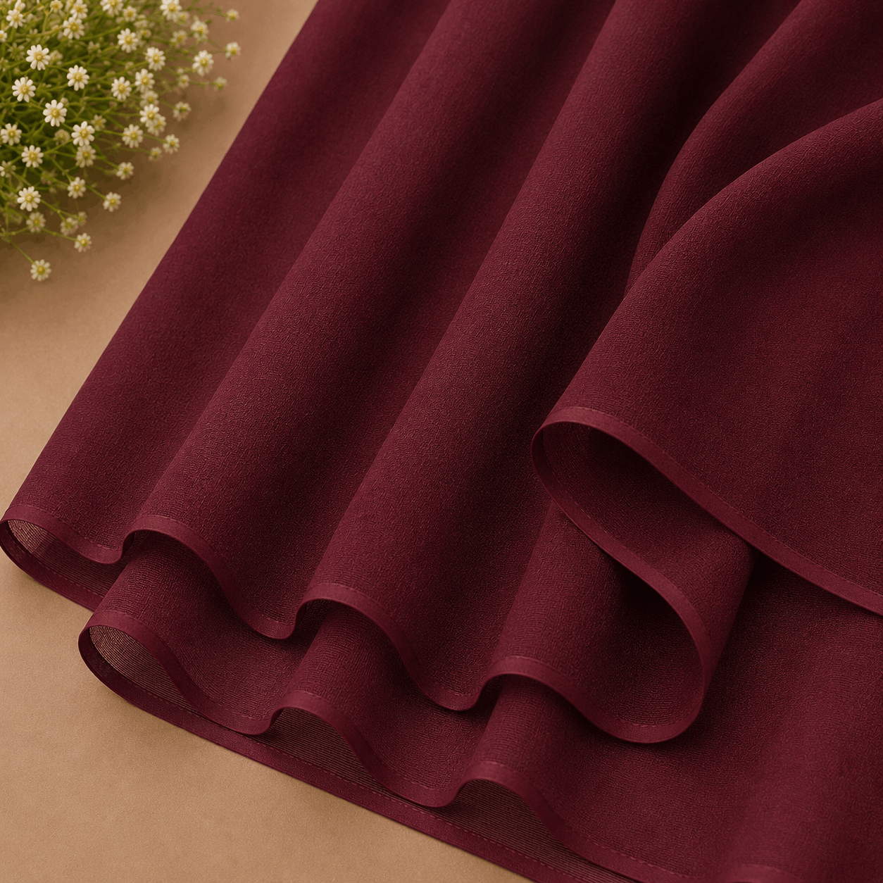 Maroon burgundy georgette chiffon hijab draped elegantly — RidaZe 2. Deep wine colour lightweight chiffon staller for university and winter — RidaZe 3. Close-up texture of dark maroon georgette hijab fabric — RidaZe Pakistan