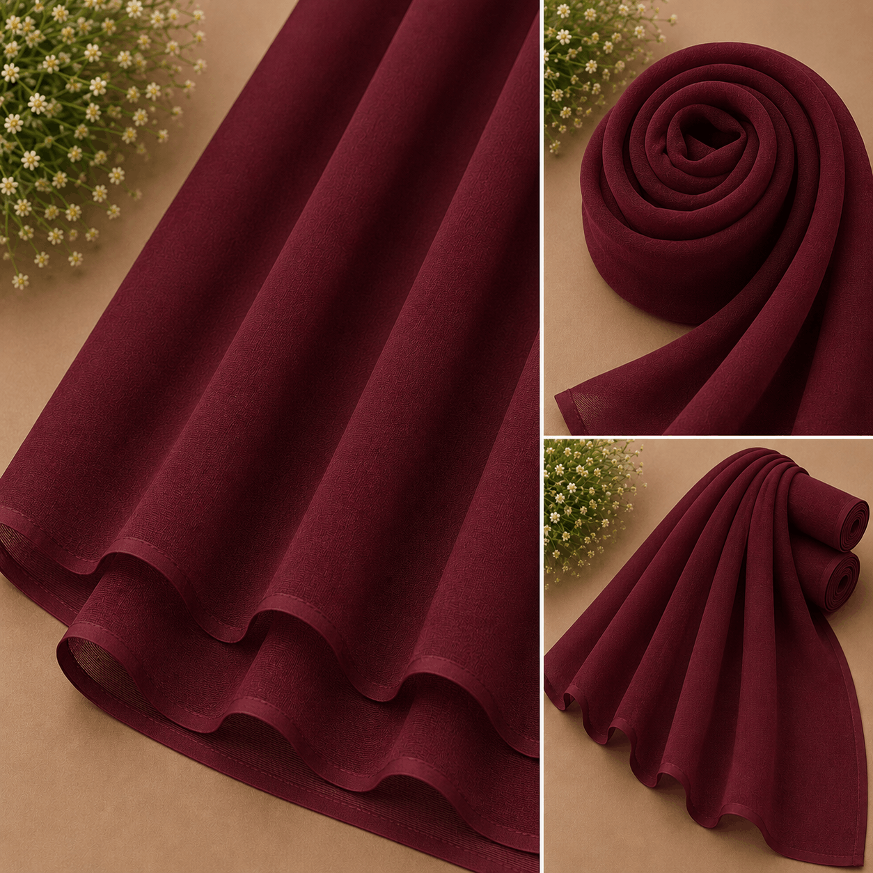 Maroon burgundy georgette chiffon hijab draped elegantly — RidaZe 2. Deep wine colour lightweight chiffon staller for university and winter — RidaZe 3. Close-up texture of dark maroon georgette hijab fabric — RidaZe Pakistan