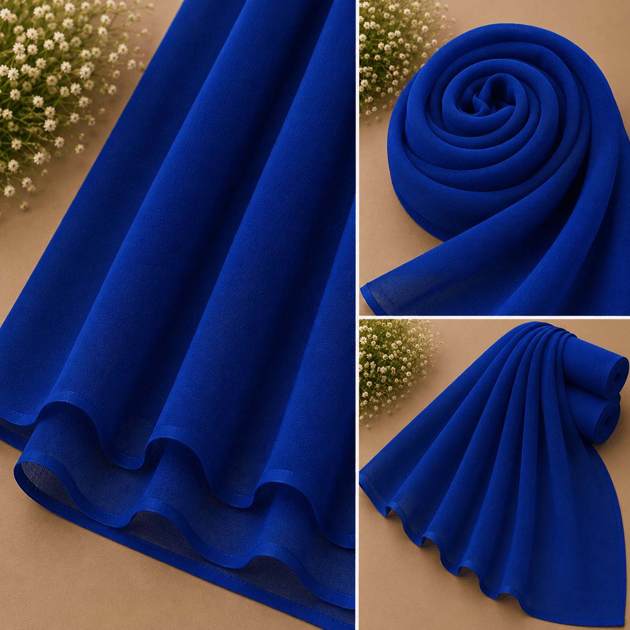Royal blue georgette chiffon hijab draped boldly — RidaZe 2. Cobalt blue lightweight chiffon staller for university and formal wear — RidaZe 3. Close-up texture of royal blue georgette hijab fabric — RidaZe Pakistan